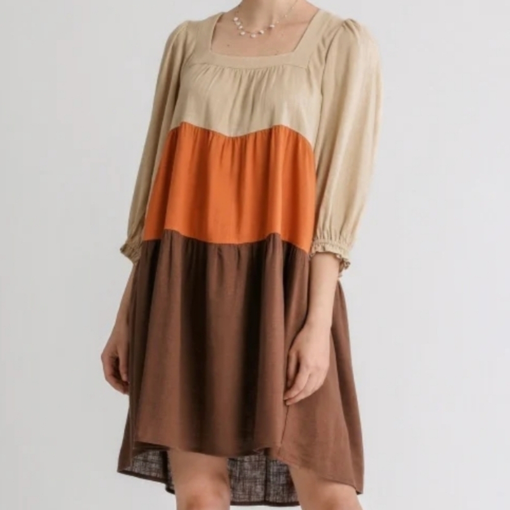 Umgee Colorblock Tiered Dress Cottagecore Farmhouse Bohemian Coastal Medium - Picture 2 of 9